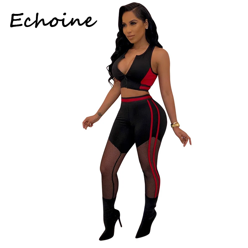 

Echoine Sheer Mesh Color Patchwork Set 2 Piece Set Sleeveless Crop Top +Long Pant Women Tracksuit Sportwear Outfits