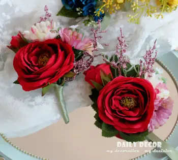 

6pcs Forest Style Artificial red rose wedding bridal / Bridesmaid hand / wrist flowers & wedding groom corsages / boutonnieres