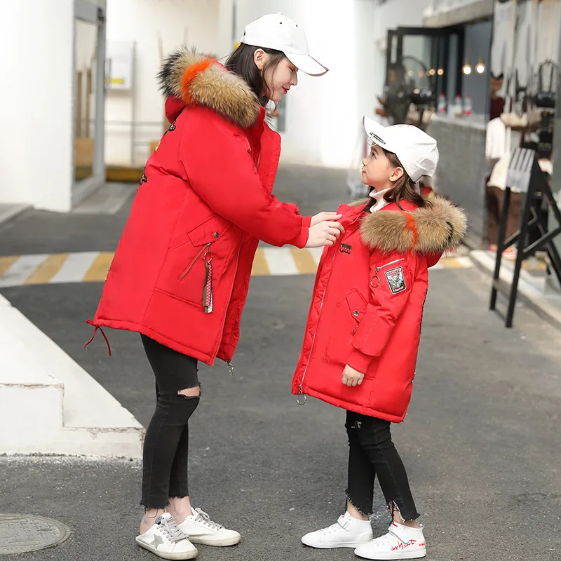 

Children's Duck Down Jacket Girl Long Section Thicken Daughter Mother Family Matching Outfit with Two-color Fur Collar