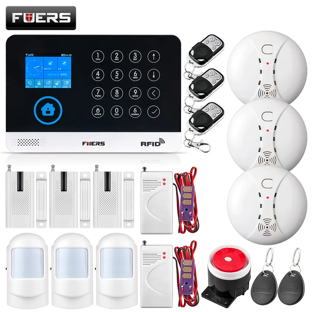 FUERS New Home Burglar Security Alarm WIFI GSM Alarm System Wireless RFID Motion PIR Door Smoke Water leakage Sensor IP Camera