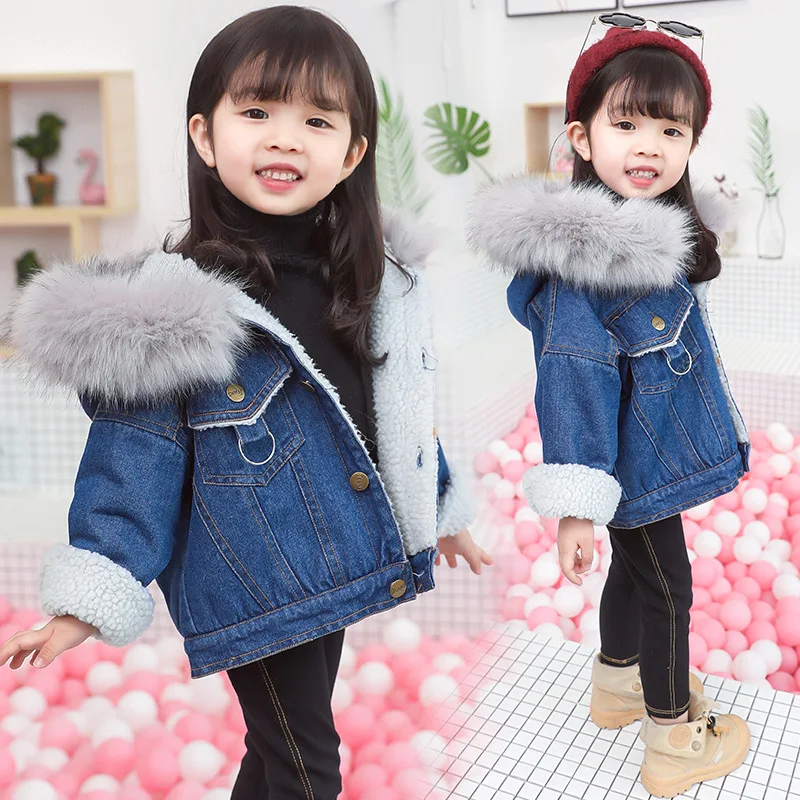 

SFC-064 New Style Winter Baby Girl warm thick denim jacket with big hat children heavyweight winter clothes