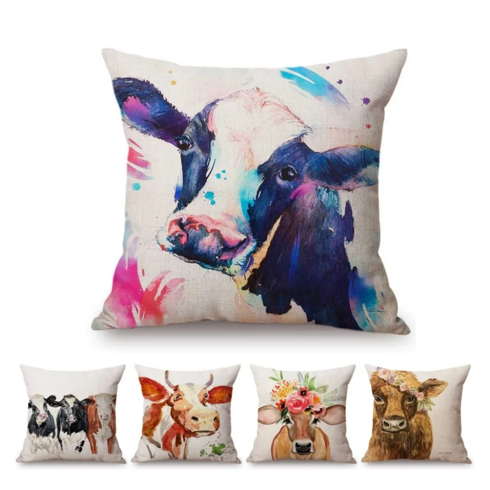 

Nordic Watercolor lovely Cow Painting Home Decorative Sofa Throw Pillow Case Oil Painting Cotton Linen Chair Seat Cushion Cover