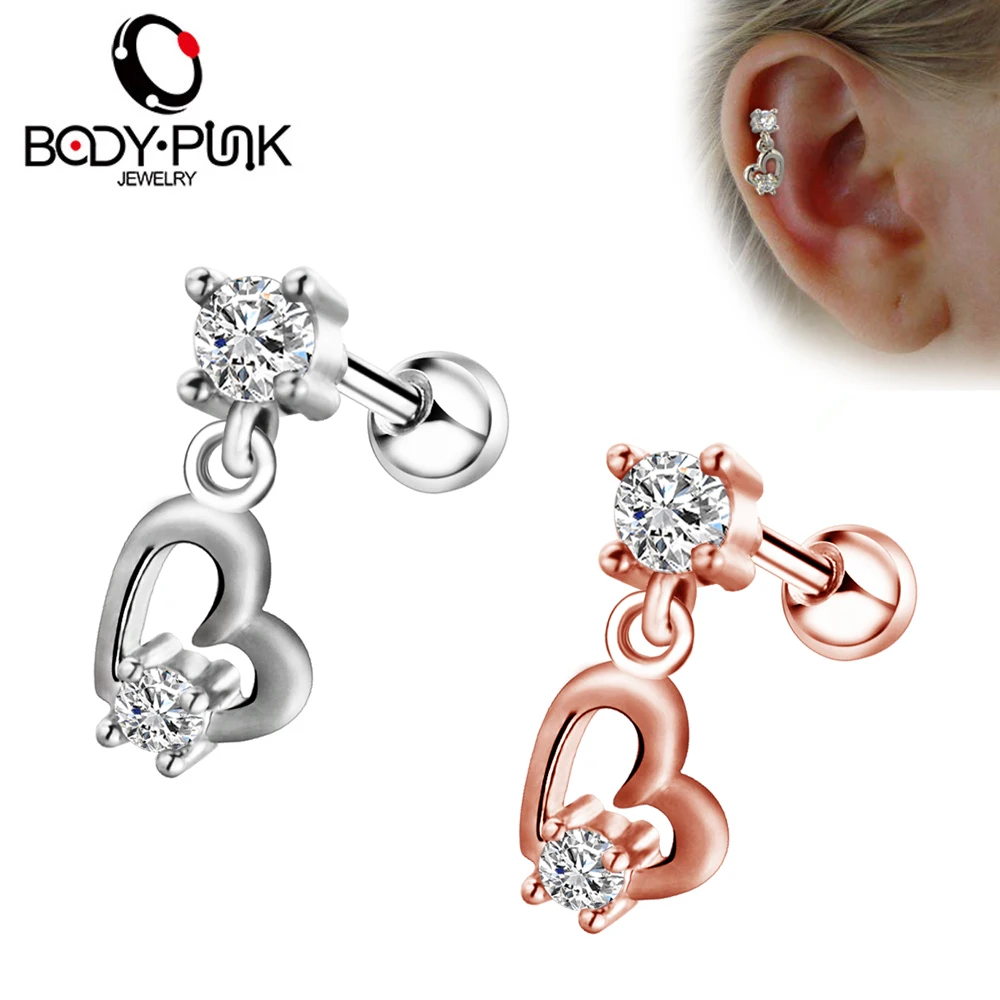 

Body Punk Ear Tragus Cartilage Earrings Piercing Crystal Heart Screw Lobe Earrings Barbell Stud Helix Cute Body Jewelry Women