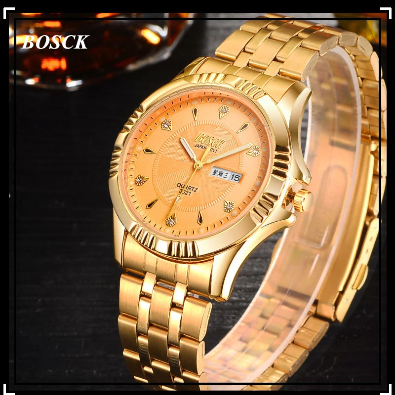 2016 BOSCK Calendar Gold font b Quartz b font Watch Men Clock font b Top b