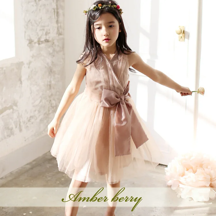 girl princess nude color dress summer sleeveless big bow on waist