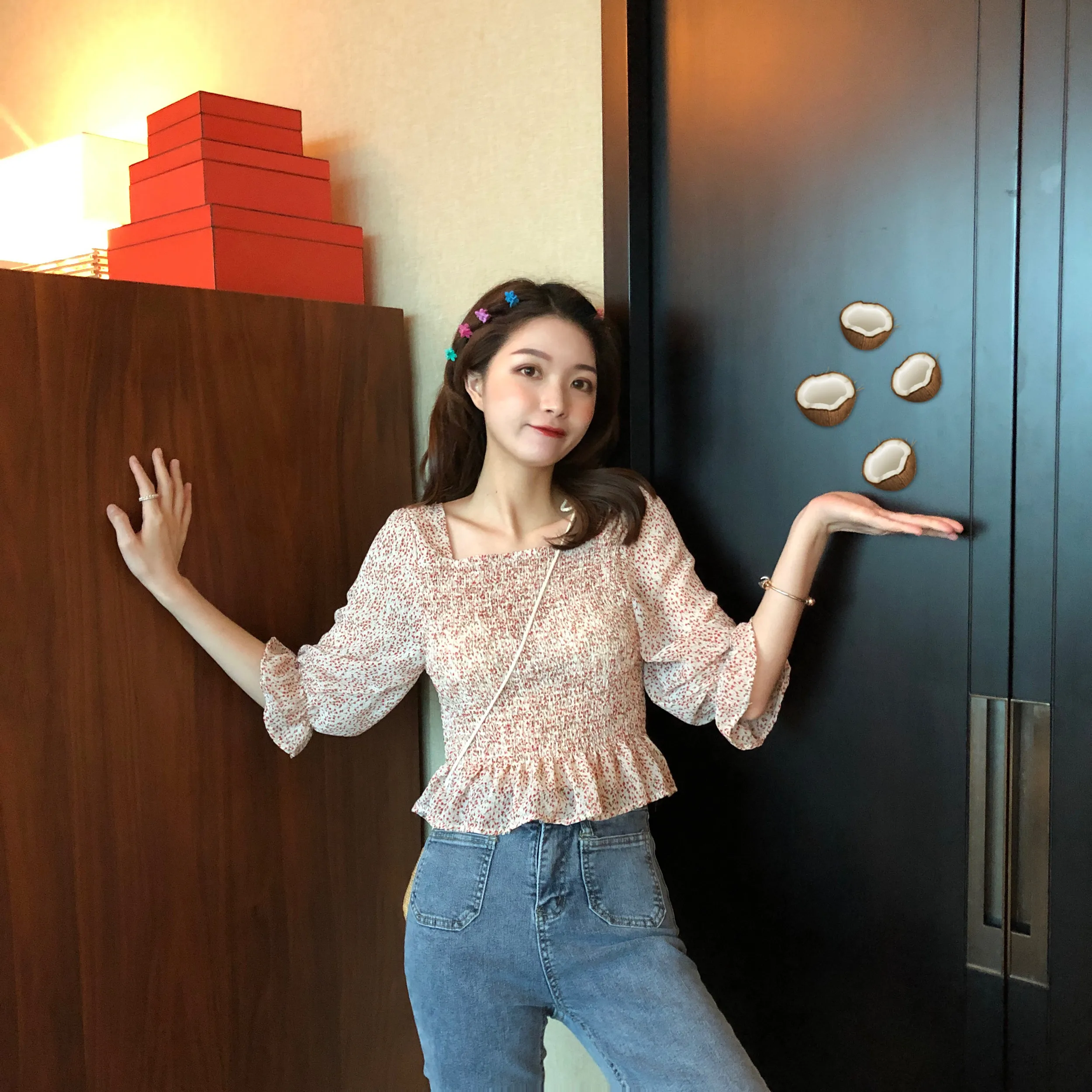 

sweet style Korean Women's Clothing print Slim fit tops crop top Blouses fashion brands summer chic woman shirts 2019 new