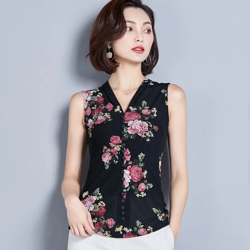 

2019 Long Sleeve V Neck Floral Print Mesh T-shirts Women Slim Body Sleeveless Floral Tanks Lady Long Sleeve Flower Mesh Tops