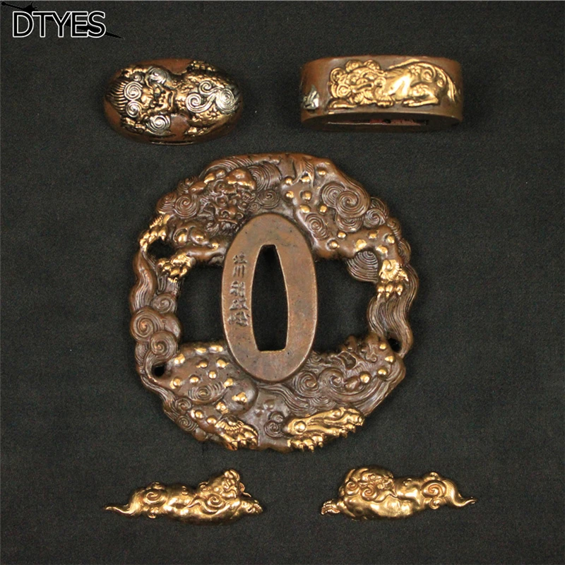 Beautiful Real Japanese Katana Fittings Set GIld Lion Samurai Sword