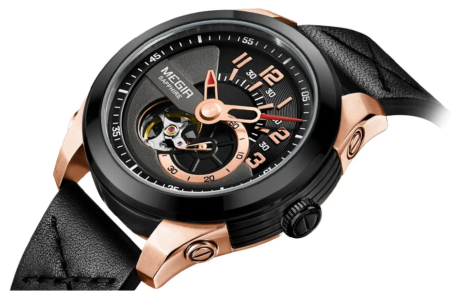 MEGIR Модные мужские механические часы с кожаным ремешком, черные аналоговые механические наручные часы с скелетом для мужчин, водонепроницаемые