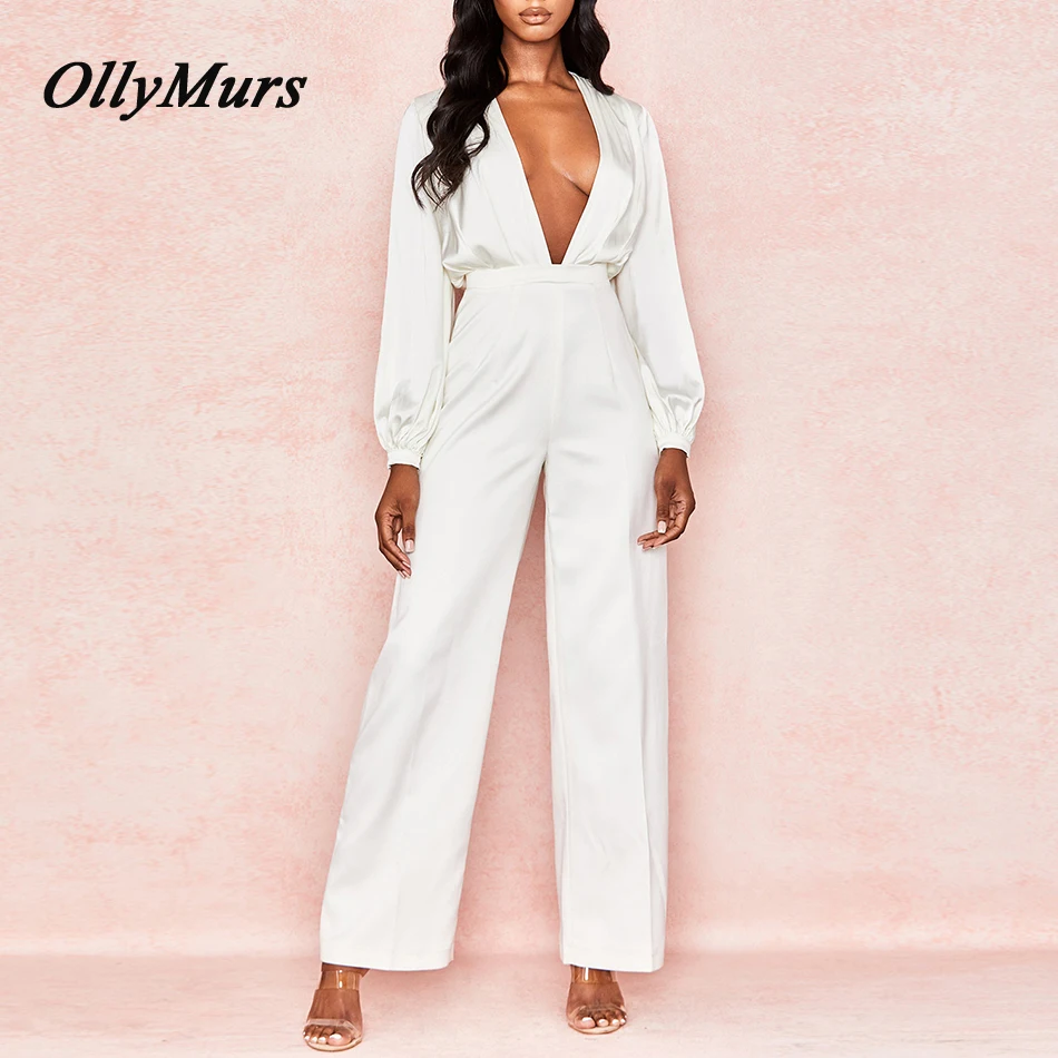 

OllyMurs 2019 New Summer Bodycon Women Jumpsuits V Neck White Satin Wide Sleeve Jupsuit Vestidos Elegant Evening Party Jumpsuits