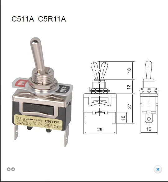 C511A Single pole single throw ON OFF Toggle Switch with tab terminal