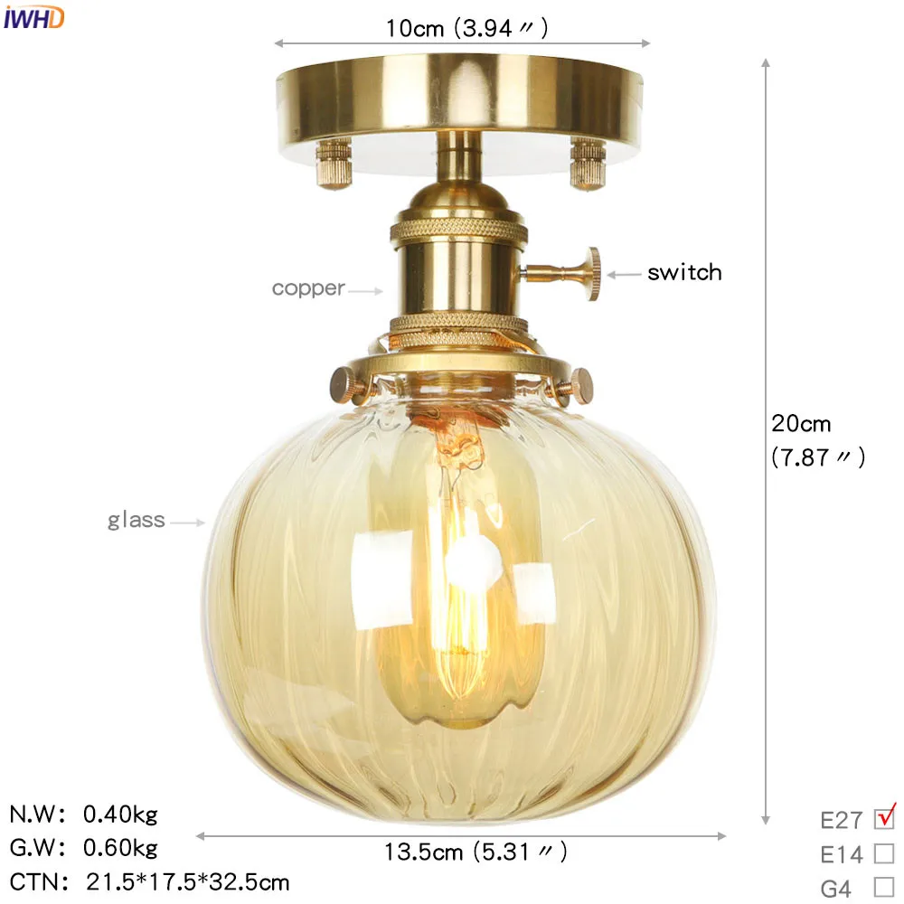 IWHD, скандинавский стеклянный шар, потолочный светильник, светодиодный, для гостиной, крыльца, домашнего освещения, винтажный медный потолочный светильник, плафон, Lampara Techo