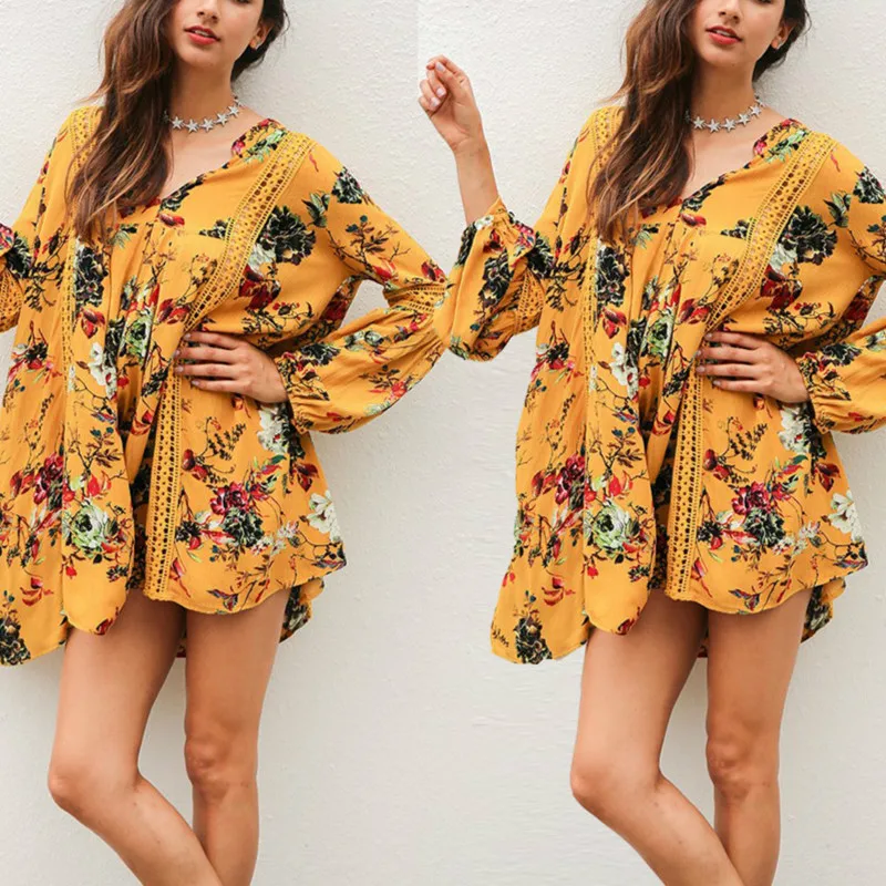 

Women Boho Floral Party Beach Wear Cover Up Long Sleeve V Neck Casual Loose Comfortable Fashion Hollow Out Dress Mini Sundress