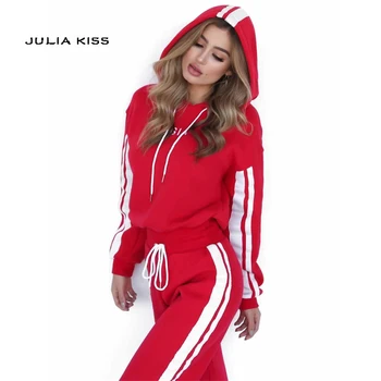 

High Quality Women Drop Shoulder Striped Side Hoodie With Sweatpants Set