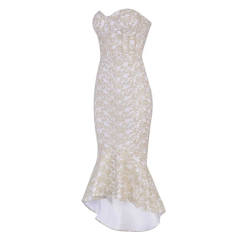 Trompette Élégant Sans Gros Top Soirée Bretelles Sexy Manches Bandage Qualité En Beige Moulante Partie Broderie Celebrity Mode De Robe BqnWcg1W