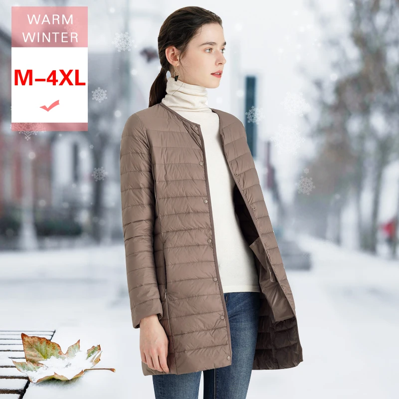 

M-4xl New Autumn Winter Women White Duck Down Jacket Female Ultra Light Long Slim Thin Casual Down Coat Round collar Warm Liner