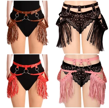 

90'S Tassel Leather Harness Garter Belts Lingerie Fetish Punk Gothic Body Bondage Crop Tops Cage Bra Cosplay DJ Rave for Women