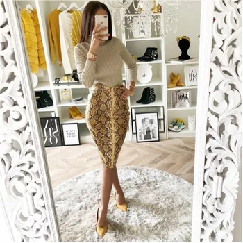 

GUMPRUN 2019 Summer New Women Sexy Bag Hip Skirt Stretch High Clothing Fashion Retro Snake Print Pencil Skirt
