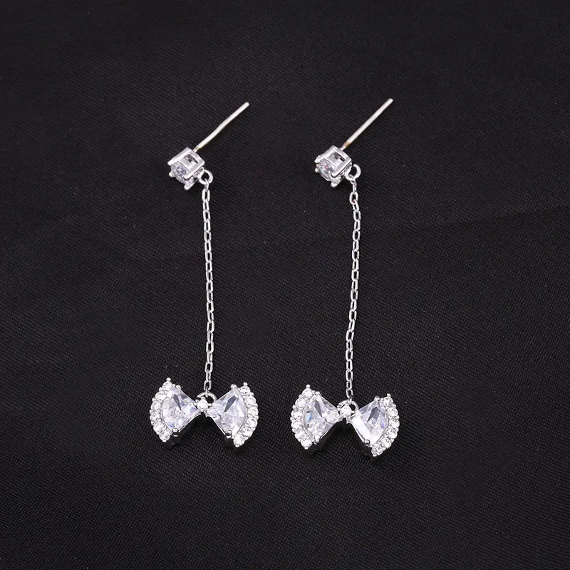 

baiduqiandu Charming Design Sparkling Bow Drop Long Earrings With Clear CZ Bowknot Women Party Luxury Jewelry Boucle d'oreille