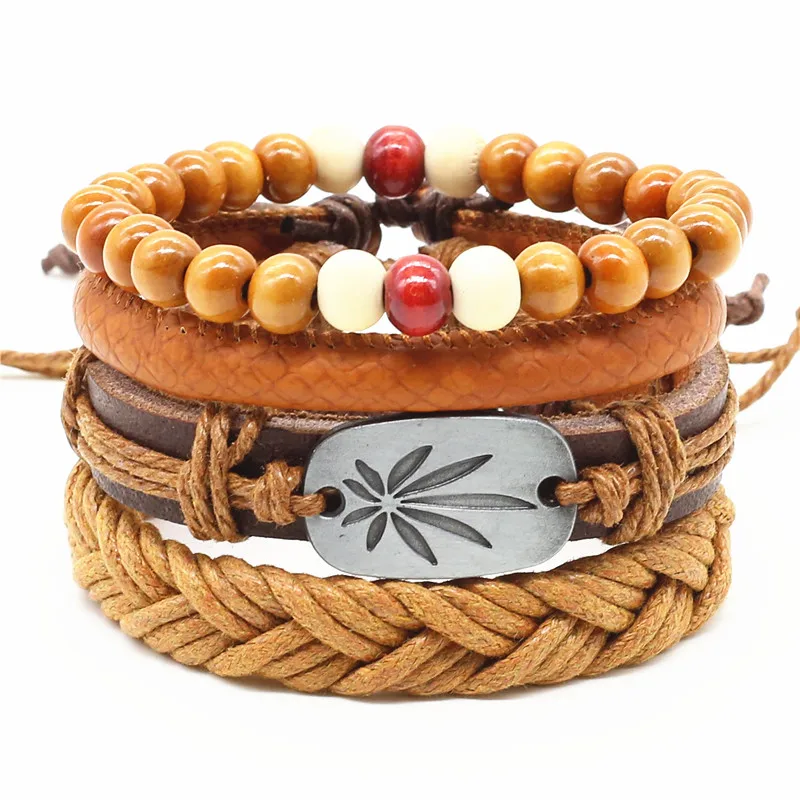 Bracelet jewelry Handmade Wood Bead Charm Men Leather Bracelet For Women Jewelry Accessory 4pcs/set bracelet jewelry