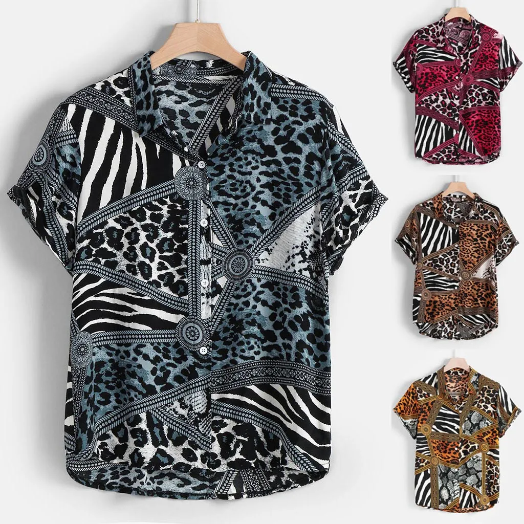 Мужская рубашка с коротким рукавом и стоячим воротником, Повседневная летняя рубашка с отворотами в дикую полоску и леопардовым принтом, гавайская рубашка