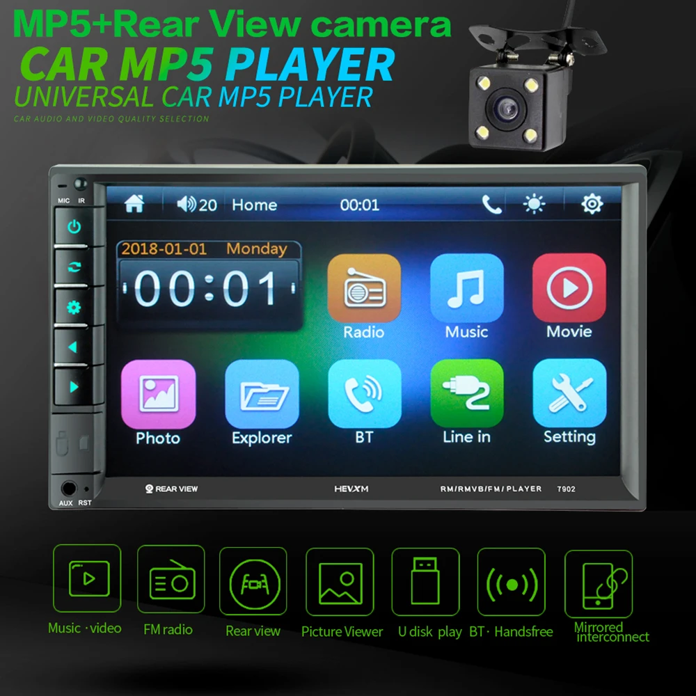 

7" HD Screen Display Car Radio Bluetooth Hand-free FM MP3 MP4 MP5 Mirrored interconnect Player In Dash Stereo with Rear Camera