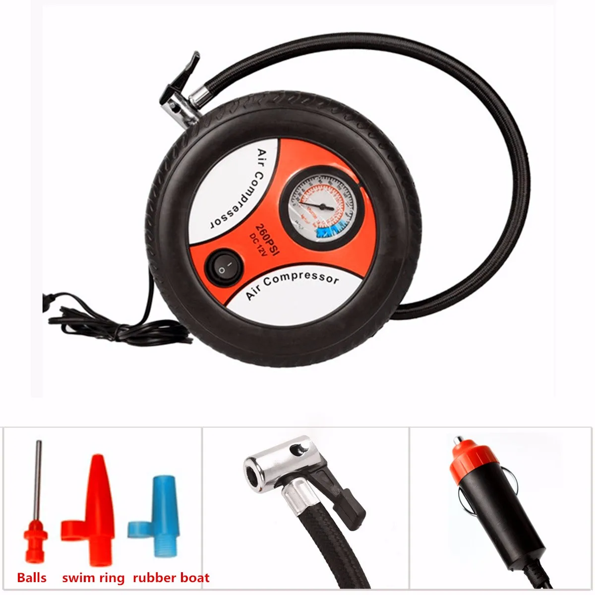 

Car Mini Inflatable Pump 260PSI DC12V Metal Plastic Electric Air Compressor Monitor Pump with 3 Nozzle Adapters