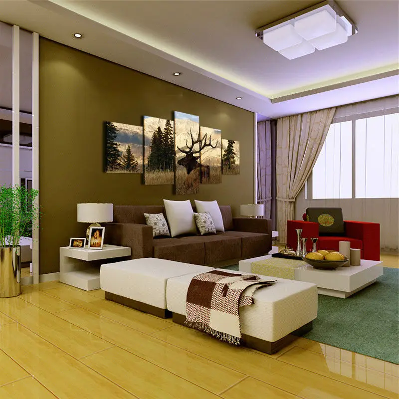 Framework Wall Art Home Decoration Modern 5 Panel Deer Landscape Living Room Canvas HD Print Modular Painting Pictures Poster