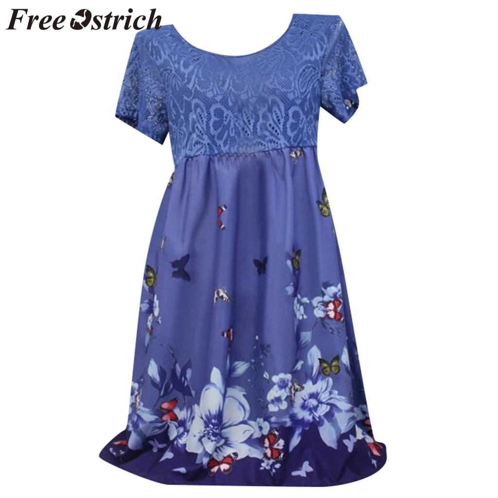 

FREE OSTRICH Women Dress Short sleeve printed lace stitching Casual Above Knee Elegant Summer Noble New Arrival Short Dress