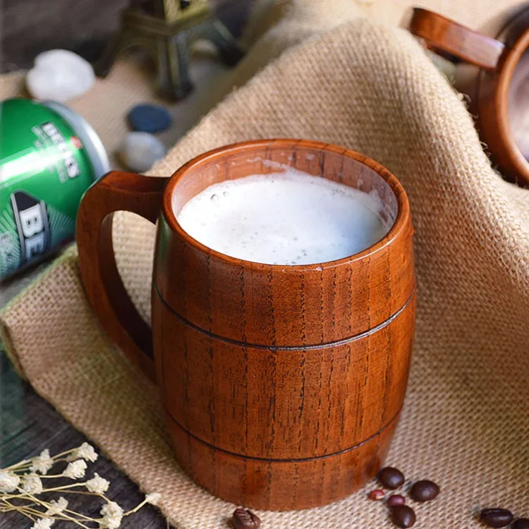 360ml Handcraft Wooden Beer Mugs with Handle Medium Size Wood Tea Cup Wooden Coffee Mugs Home Bar Drinkware Wooden Utensil Gifts