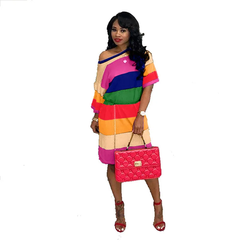 Women's Clothing Dresses Rainbow Striped Crew Neck Short Sleeve Dress