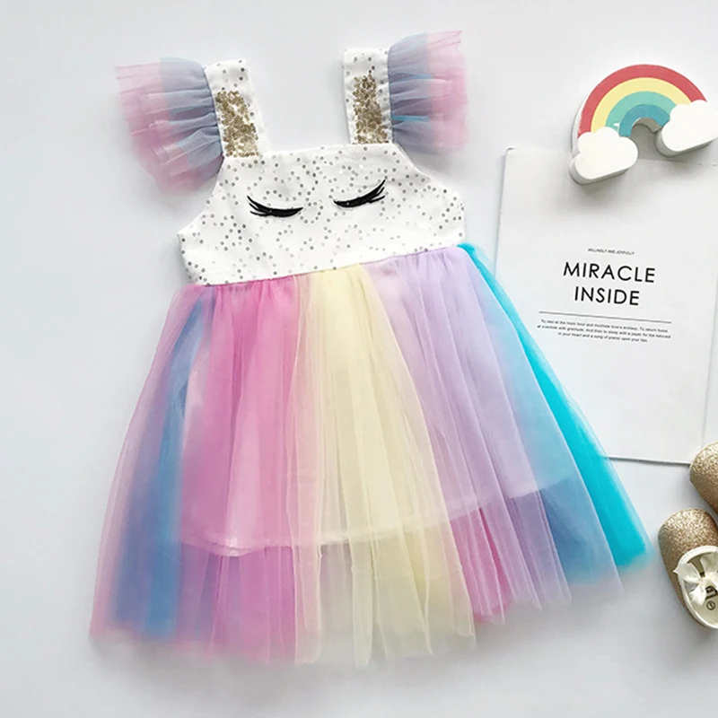 

2019 girl dress summer New fashion toddler dresses Multicolor Cartoon Mesh Flying Sleeves baby princess dress