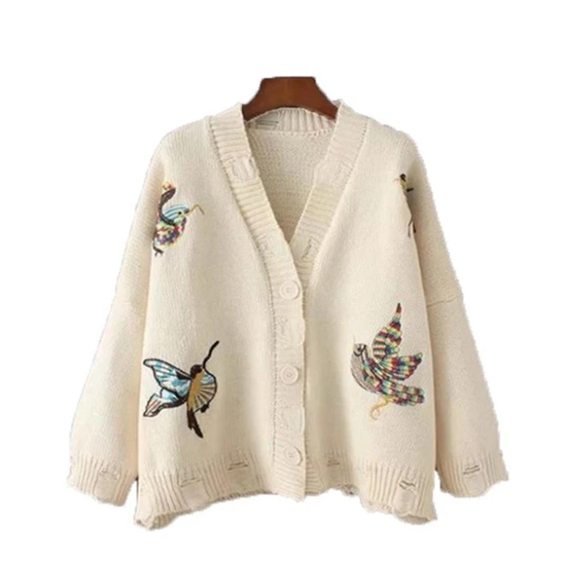 2018 New Fashion Sweater Women Cardigan Embroidery Hole Korean Solid Color Version Loose Thick Sweater Autumn Winter Female Coat