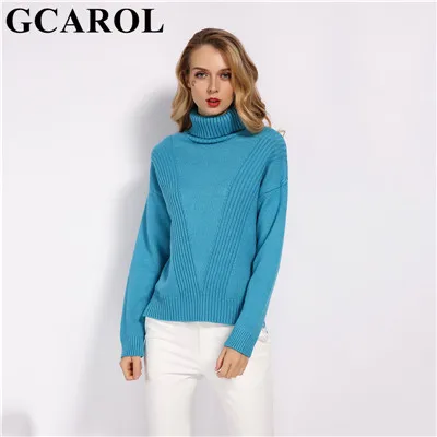 Женский свитер-водолазка GCAROL, теплый вязаный джемпер с разрезами по бокам, 7 цветов, пуловер большого размера со спущенными плечами на осень и зиму - Цвет: Blue
