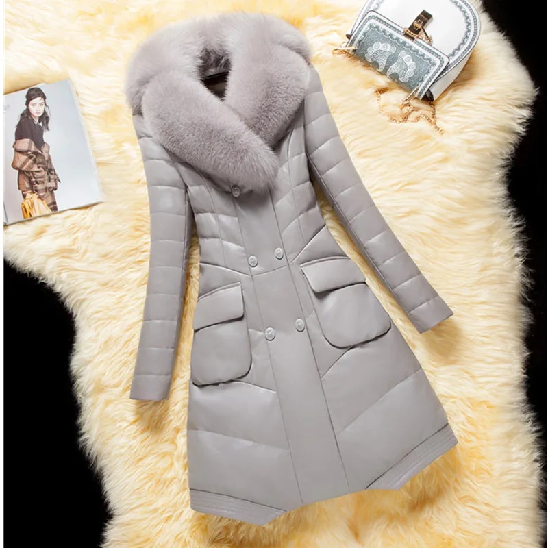 UHYTGF Новая роскошная овечья кожа пуховик зимняя кожаная куртка женская мода имитация лисы меховой воротник тонкий мех пальто M-4XL 1103