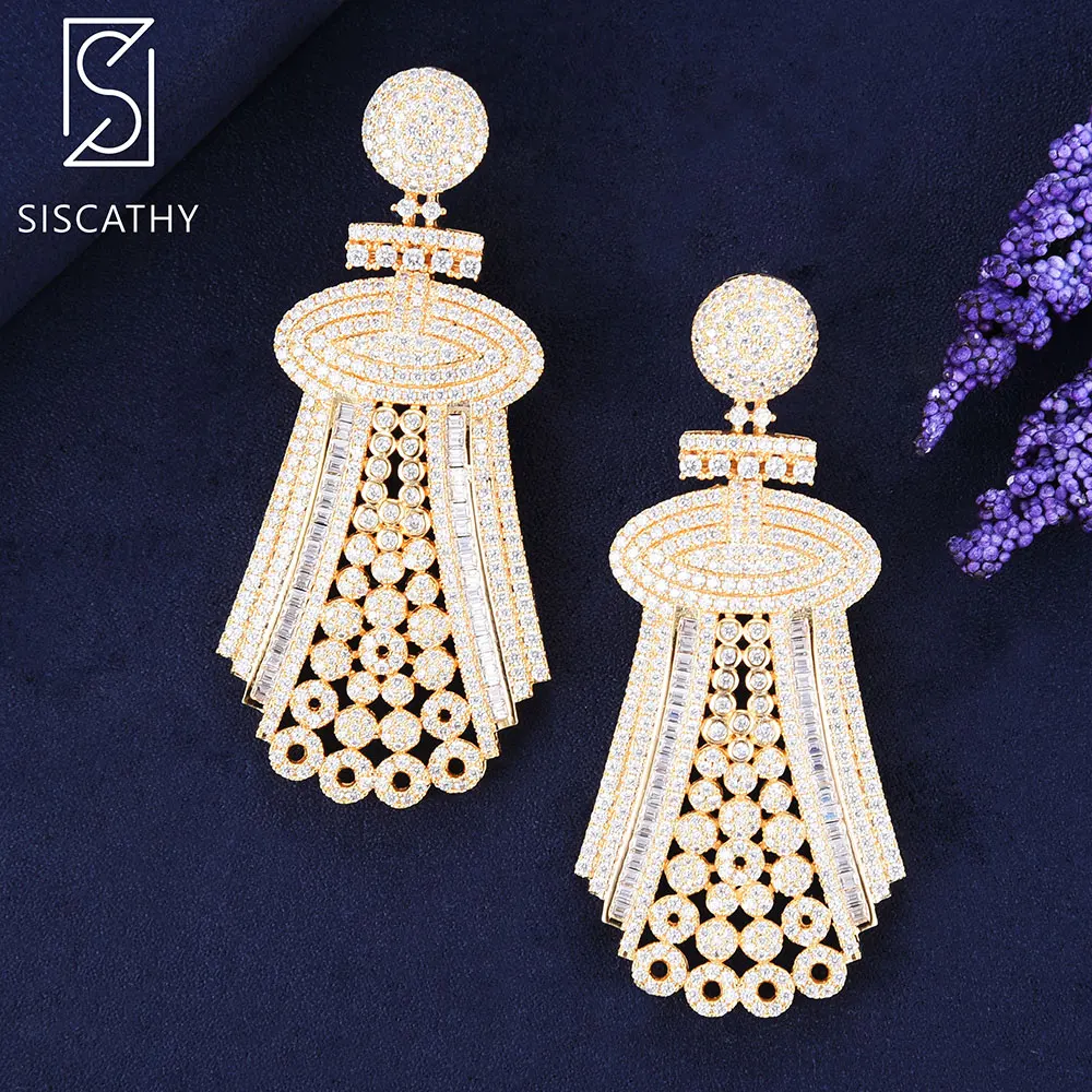 

SISCATHY 31*69 mm Bridal dubai gold earrings Geometric Cubic Zirconia Inlaid African wedding Engagement Dangle Drop Earrings