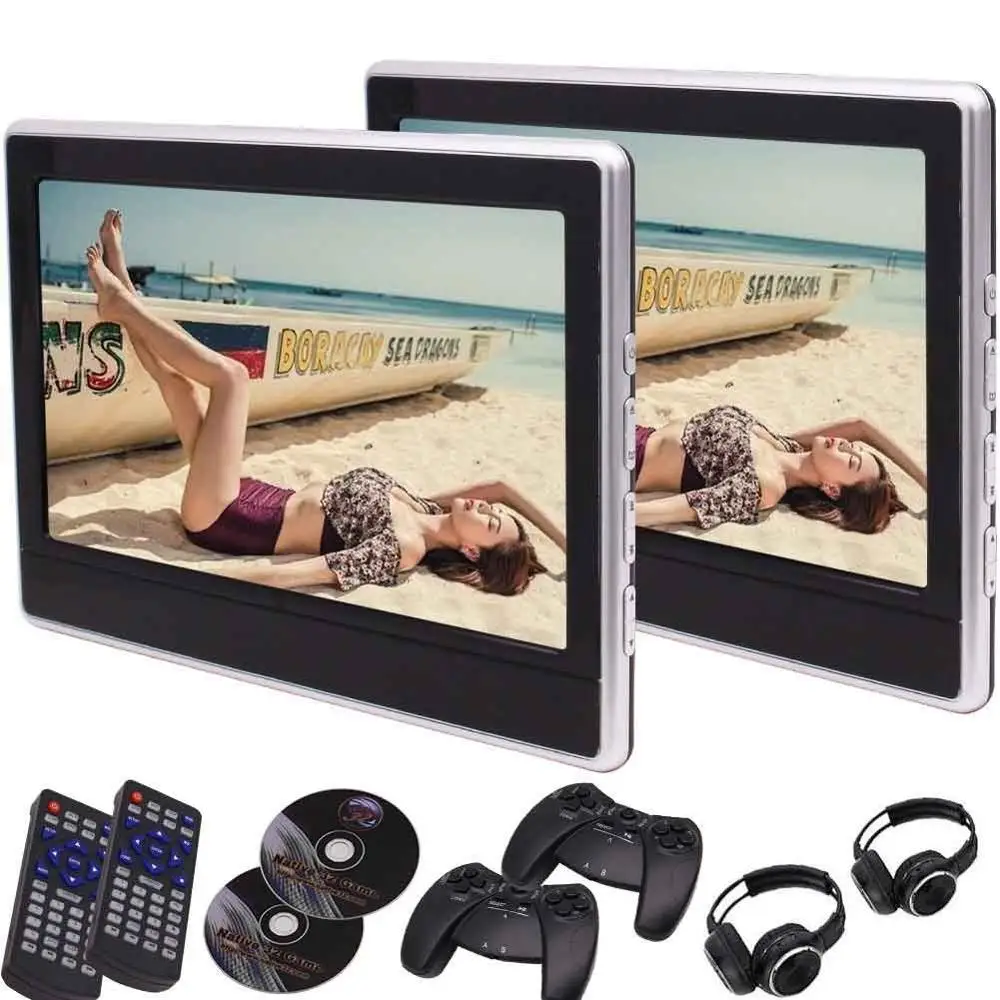 

2 x 11.6 inch Car Monitors Digital TFT Screen Headrest DVD Video Player DVD MP4 USB TF HDMI port two Game Discs two IR headphon