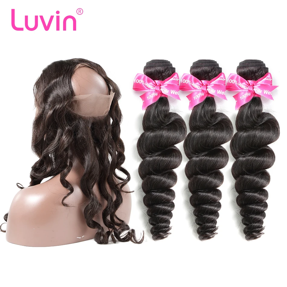 

Luvin Hair Loose Wave Human Hair Bundle With Closure Brazilian Hair 3 Bundles With 360 Lace Frontal Pre-Plucked