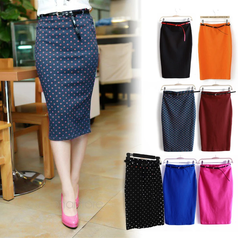 

8 Colors OL Ladies Skirt Women Slim Knee Length Elasticity High Waist Career Midi Pencil Skirt Free Belt M-XXL