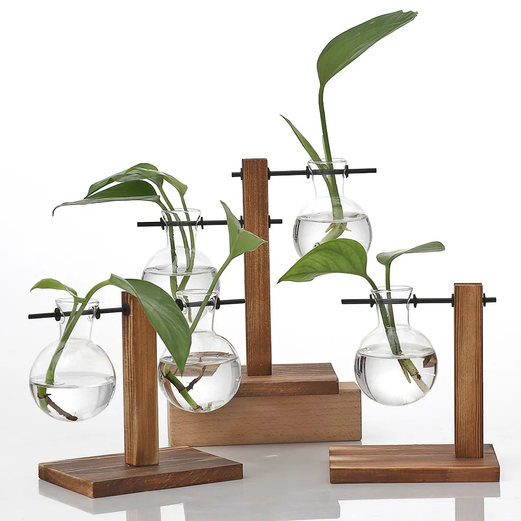 

Glass and Wood Vase Planter Terrarium Table Desktop Hydroponics Plant Bonsai Flower Pot Hanging Pots with Wooden Tray Home Decor
