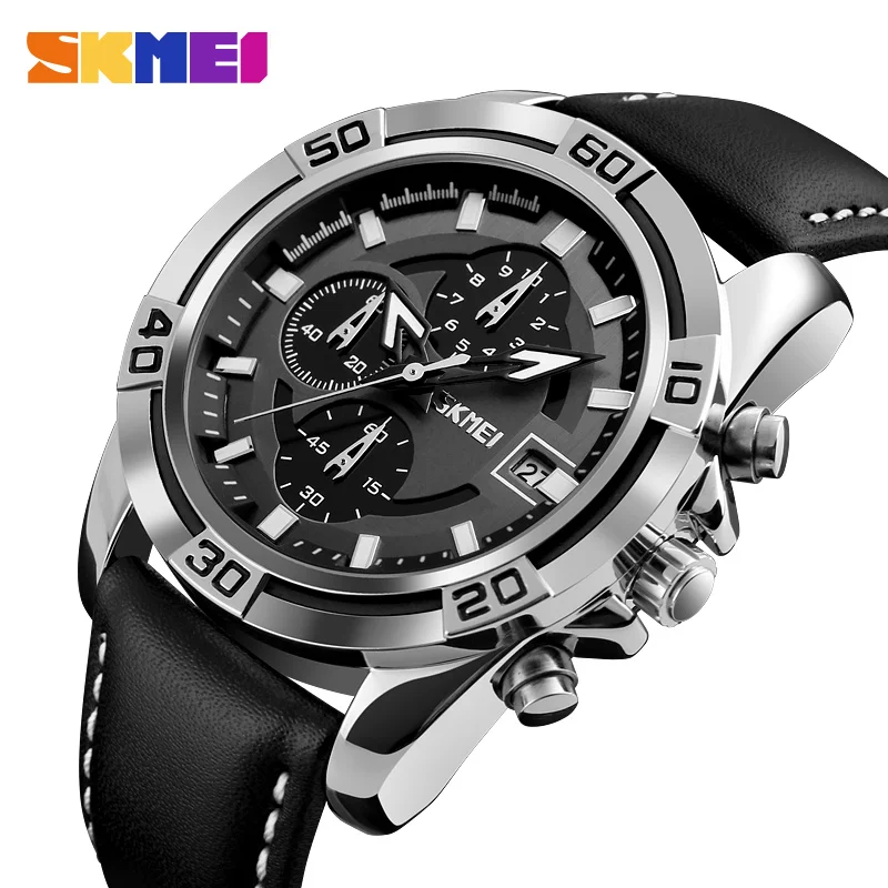 

Skmei Men's Fashion Waterproof Sports Military Watches Chronograph Leather Mens Quartz Wristwatches Relogio Masculino 9156