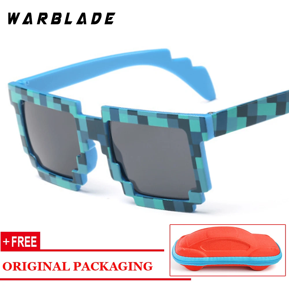 Популярные детские солнцезащитные очки, очки Крипера, мозаика, спортивные очки, очки для мальчиков и девочек, пиксельные квадратные очки с коробкой - Цвет линз: blue redcase