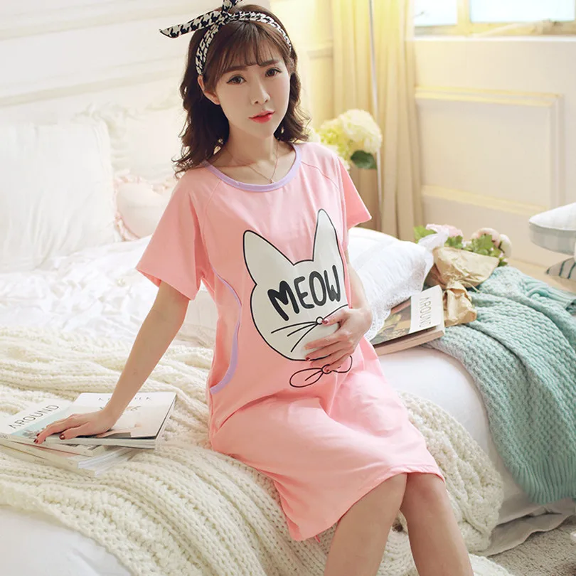 Весенне-летняя Пижама для беременных с принтом кота и короткими рукавами из чистого хлопка; ночная рубашка для кормления; блузка для кормления ребенка - Цвет: Letter Cat Pink
