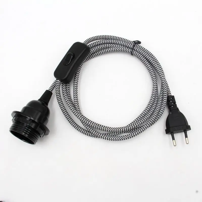 European Plug Power Cord with On/Off Switch and E27 Lamp Holder for Wall or Hanging Light Fixtures, 2m Length