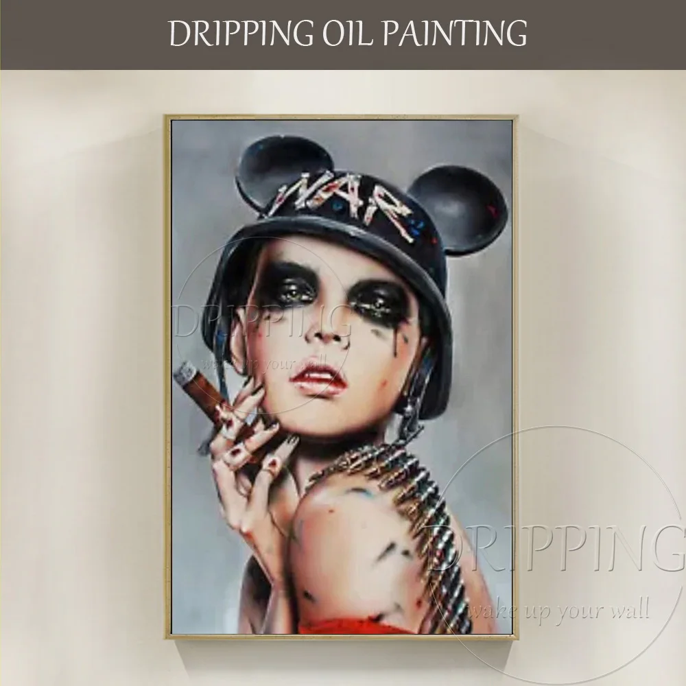 

Hand-painted High Quality Modern Abstract Female Soldier Oil Painting on Canvas Lady Smoking Cigar Painting for Pub Decoration