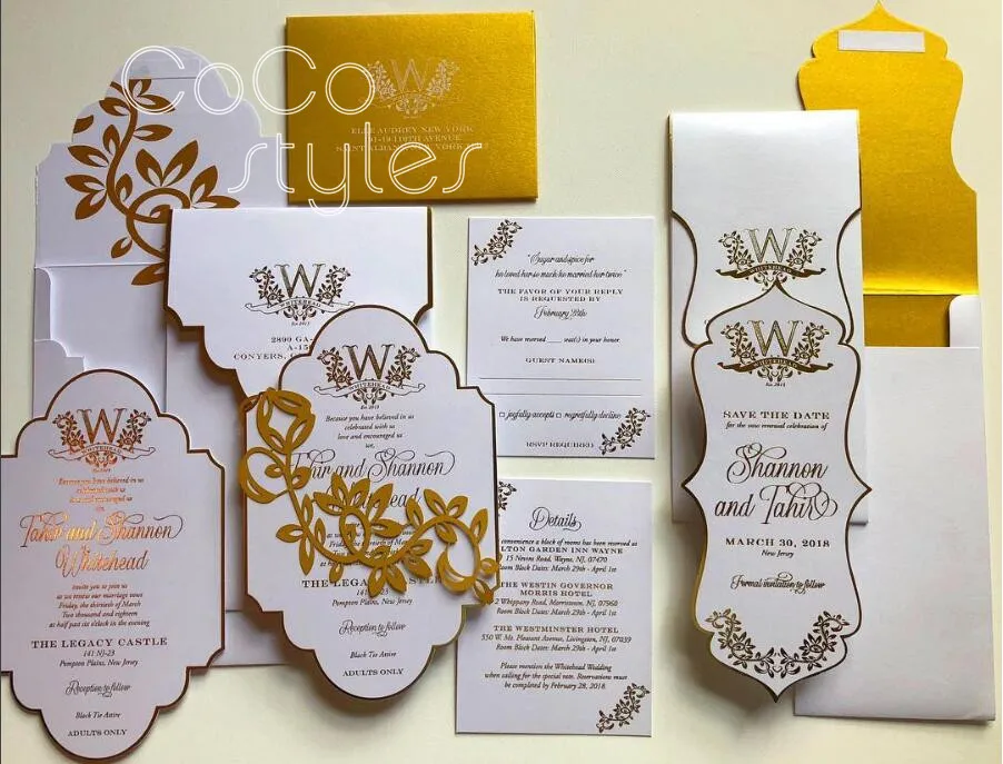  Cocostyles custom vintage gold foil invitation card with laser cut belly band and match envelope fo - 32891546247