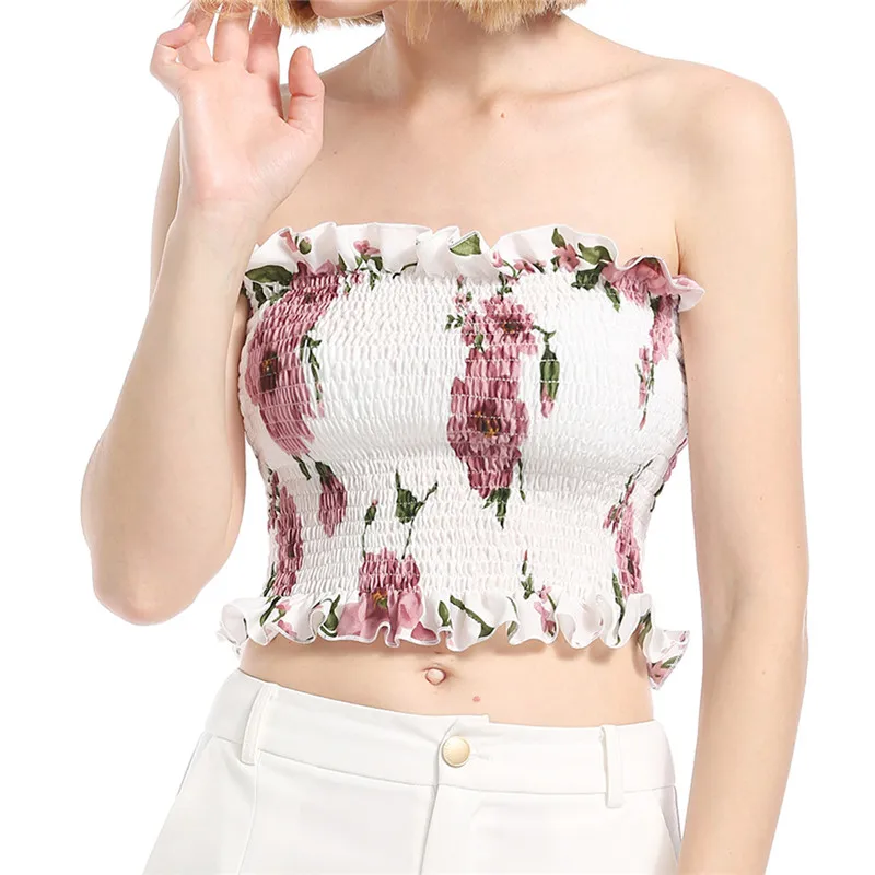 Для женщин трубки Топы корректирующие лето с цветочным принтом тонкий элегантный Ruched укороченные топы для женщин майка футболки без