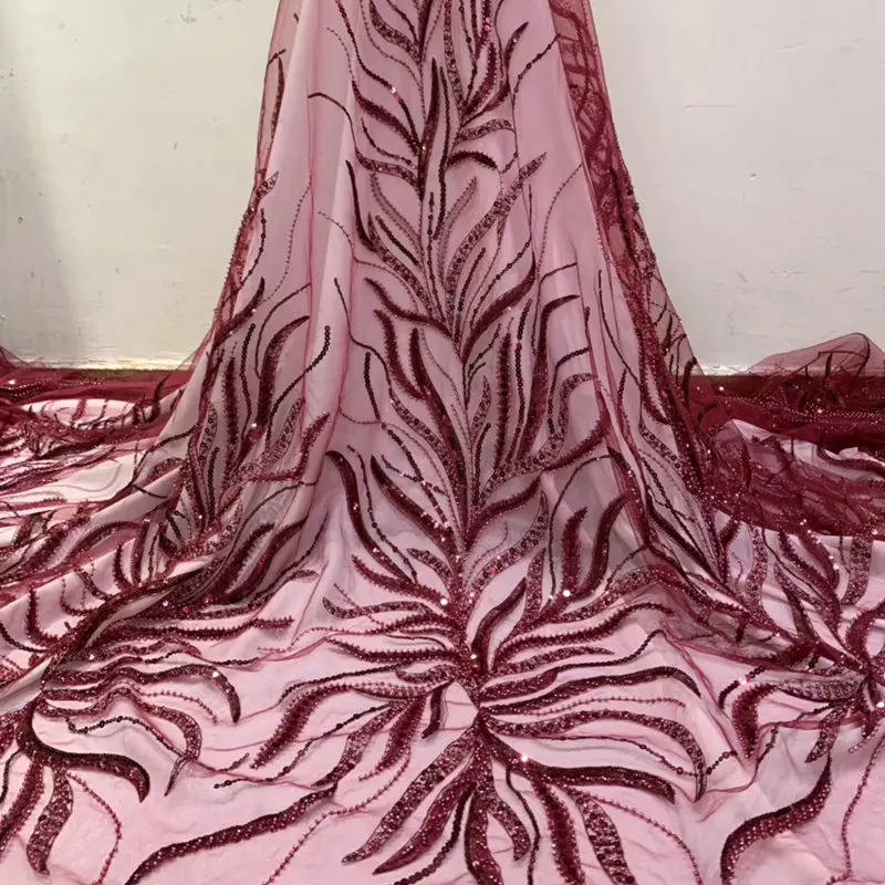 

Luxury embroidery french lace African tulle fabric with sequins and crystal beads unique high quality 5 yards hot sale DG015