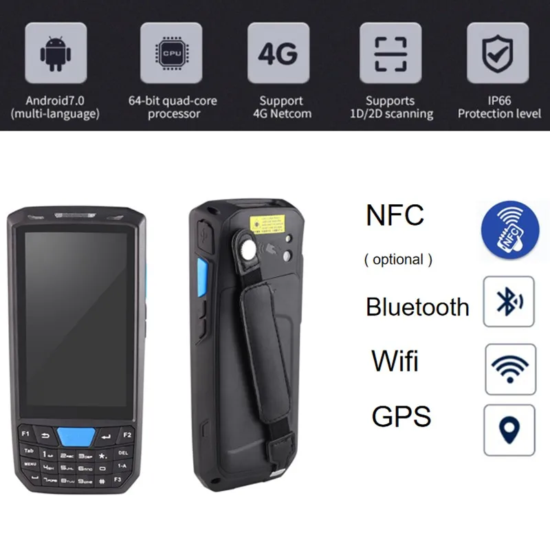 4.5 ''شاشة تعمل باللمس المحمولة pda ماسح الباركود نوع-c USB بلوتوث wifi GPS للماء IP66 pda الباركود ماسحة الروبوت