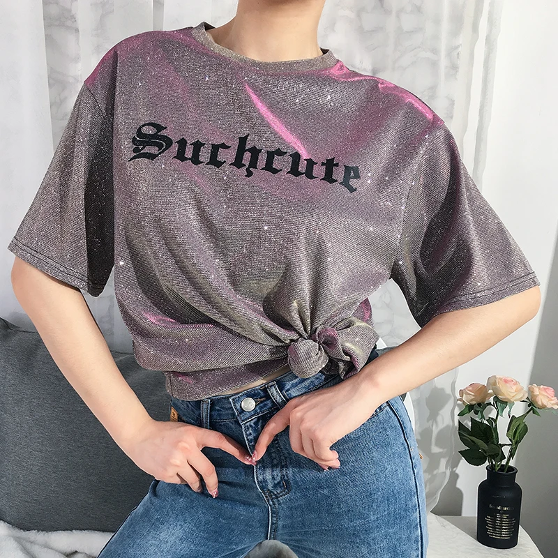 

Waatfaak Glitter Top Graphic T Shirt Women Harajuku Club Long Oversized Tshirt Streetwear Party Streetwear Tee Shiny T-shirt Top